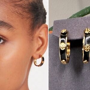 Tory Burch Black and Gold Logo Hoop Earrings